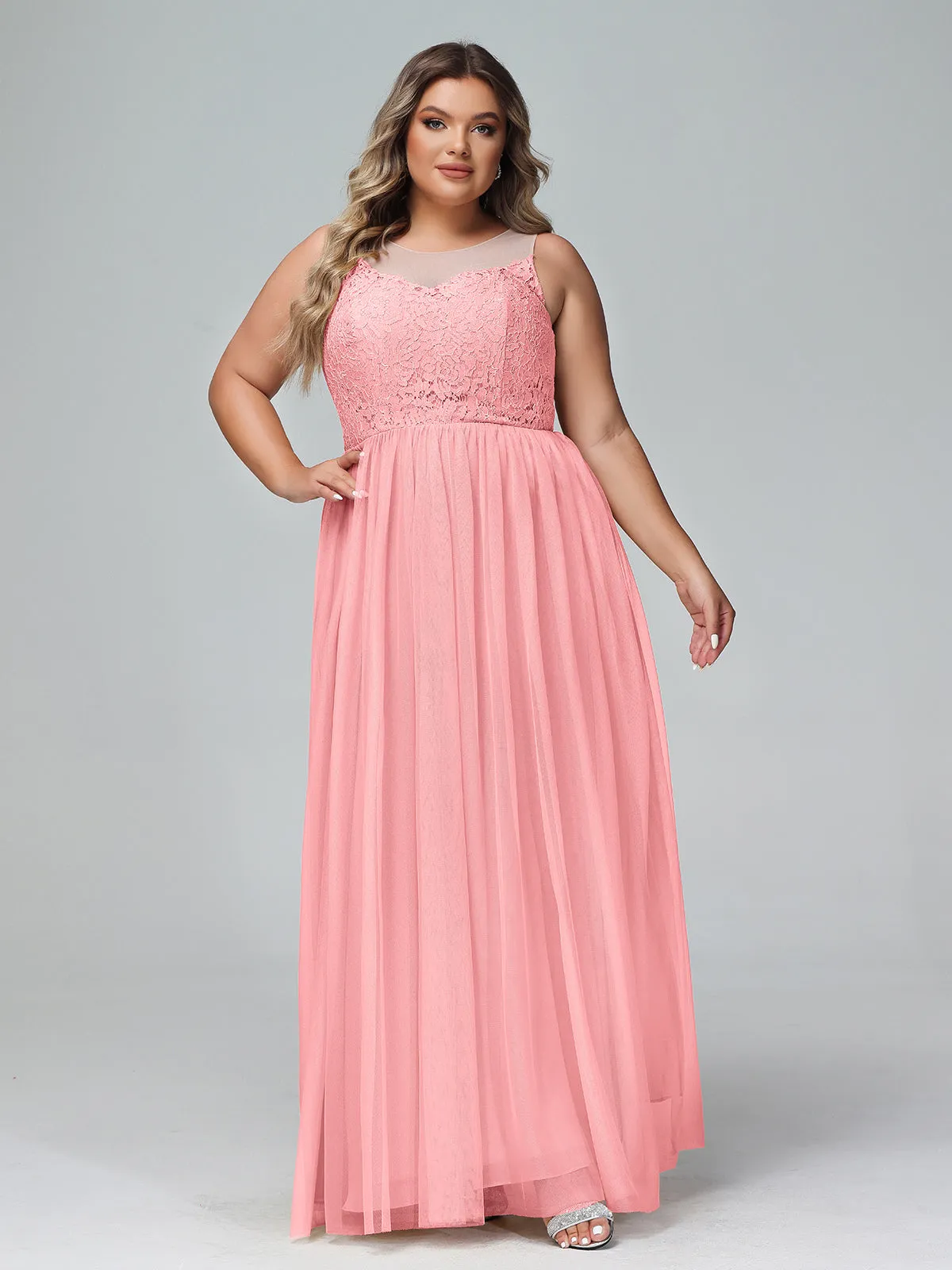 Illusion Neckline Lace and Tulle Maxi Dress-Flamingo Plus Size
