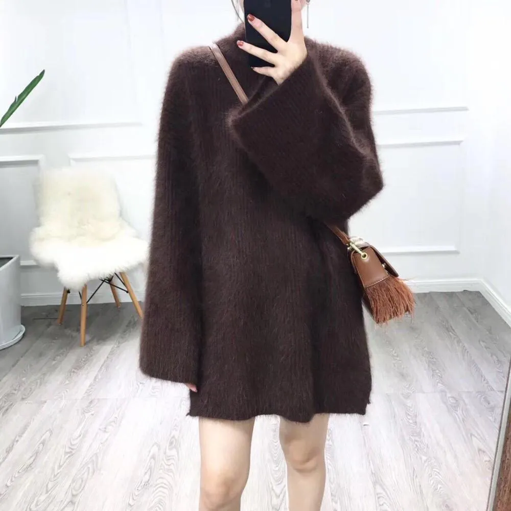 Joskaa Autumn Winter Long Turtleneck Sweater Women Loose Lazy Oaf Flare Sleeve Fluffy Synthetic Mink Cashmere Sweater Knitted Jumpers