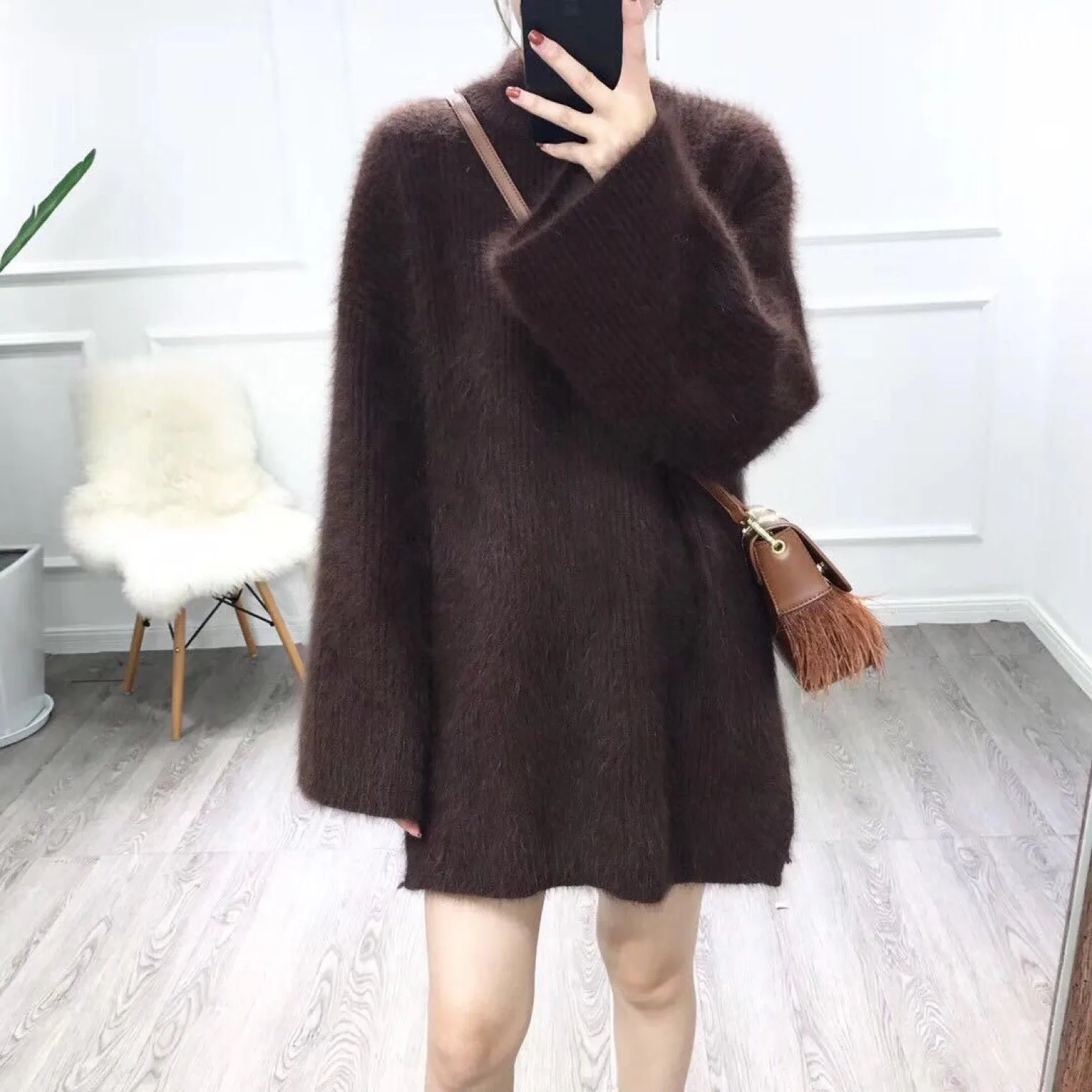 Joskaa Autumn Winter Long Turtleneck Sweater Women Loose Lazy Oaf Flare Sleeve Fluffy Synthetic Mink Cashmere Sweater Knitted Jumpers