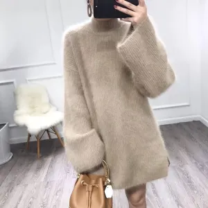Joskaa Autumn Winter Long Turtleneck Sweater Women Loose Lazy Oaf Flare Sleeve Fluffy Synthetic Mink Cashmere Sweater Knitted Jumpers