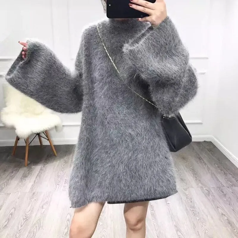 Joskaa Autumn Winter Long Turtleneck Sweater Women Loose Lazy Oaf Flare Sleeve Fluffy Synthetic Mink Cashmere Sweater Knitted Jumpers