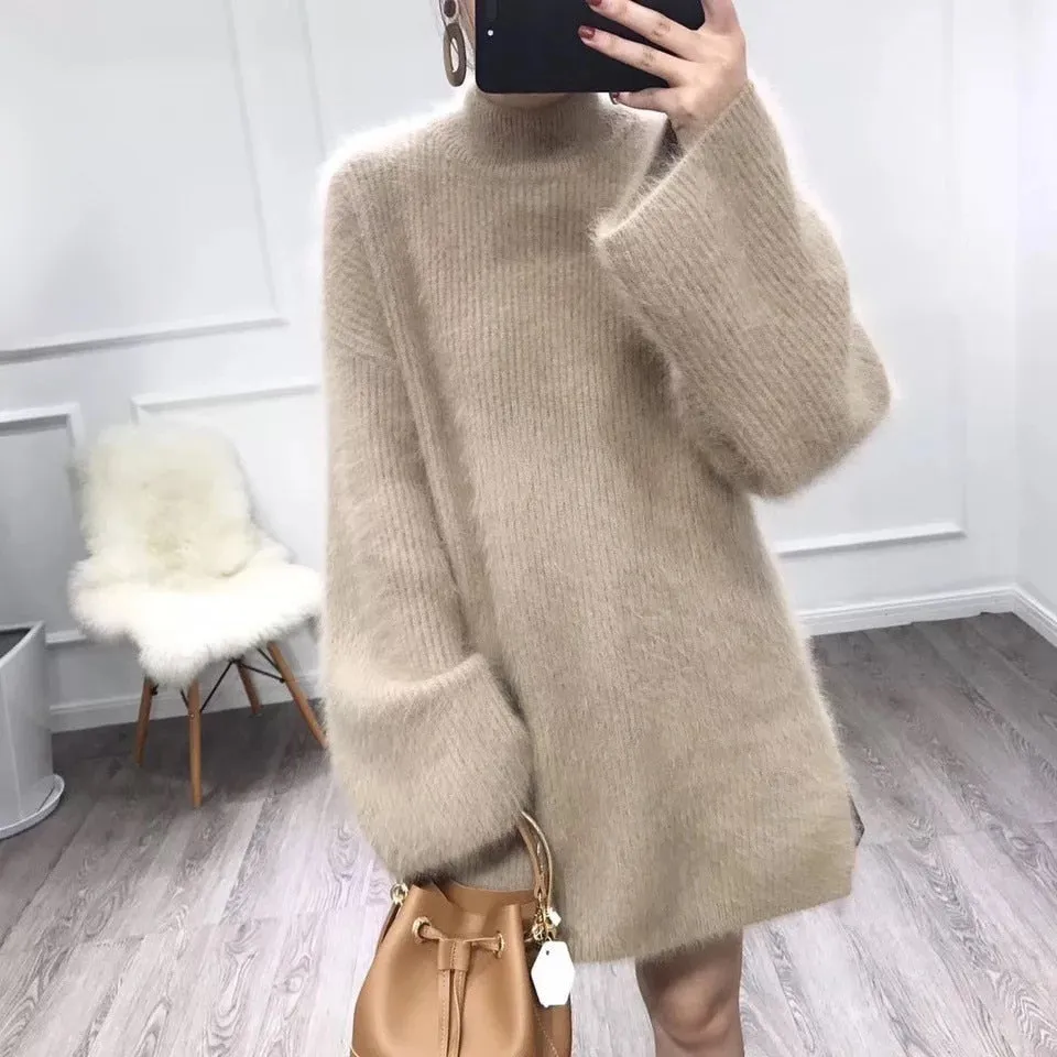Joskaa Autumn Winter Long Turtleneck Sweater Women Loose Lazy Oaf Flare Sleeve Fluffy Synthetic Mink Cashmere Sweater Knitted Jumpers