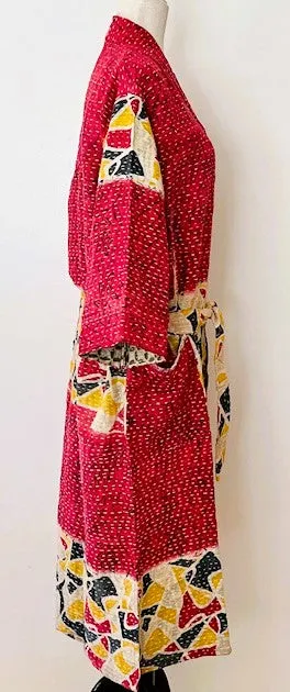 Kabuki Style Kantha Stitched Midi Dress With Engineered Border (Red)