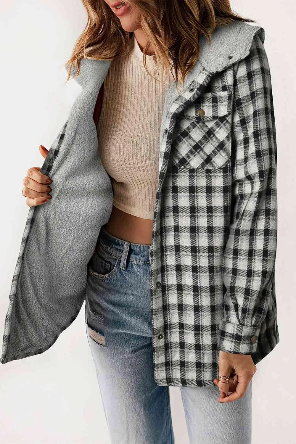 Kayla Plaid Snap Down Hooded Jacket