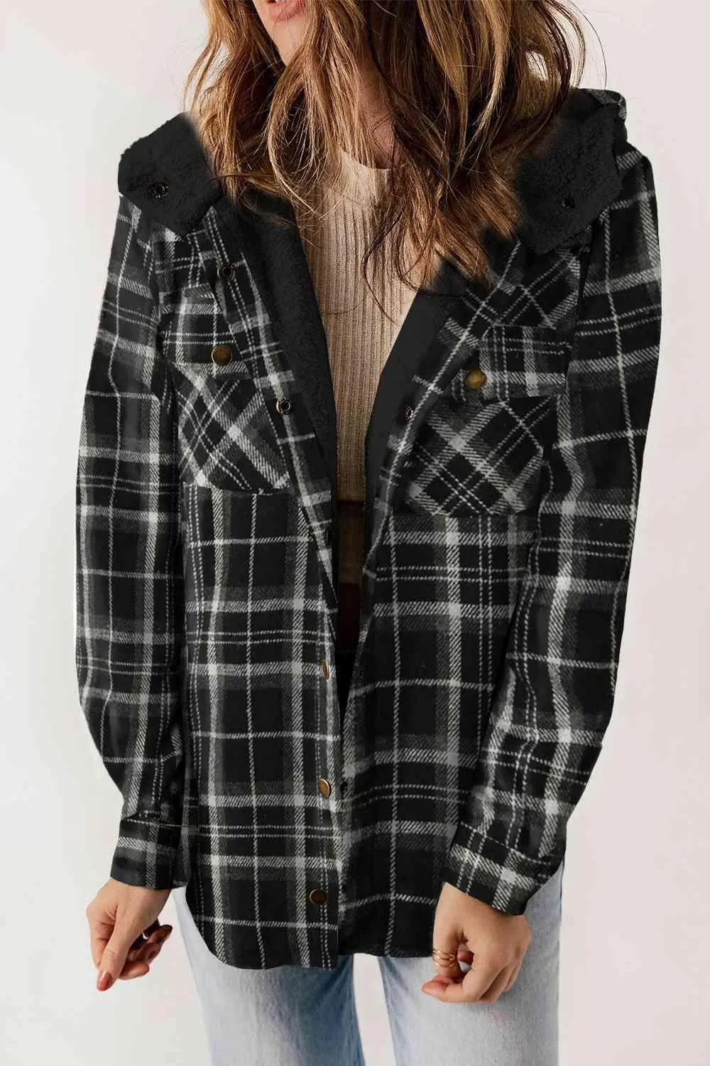 Kayla Plaid Snap Down Hooded Jacket