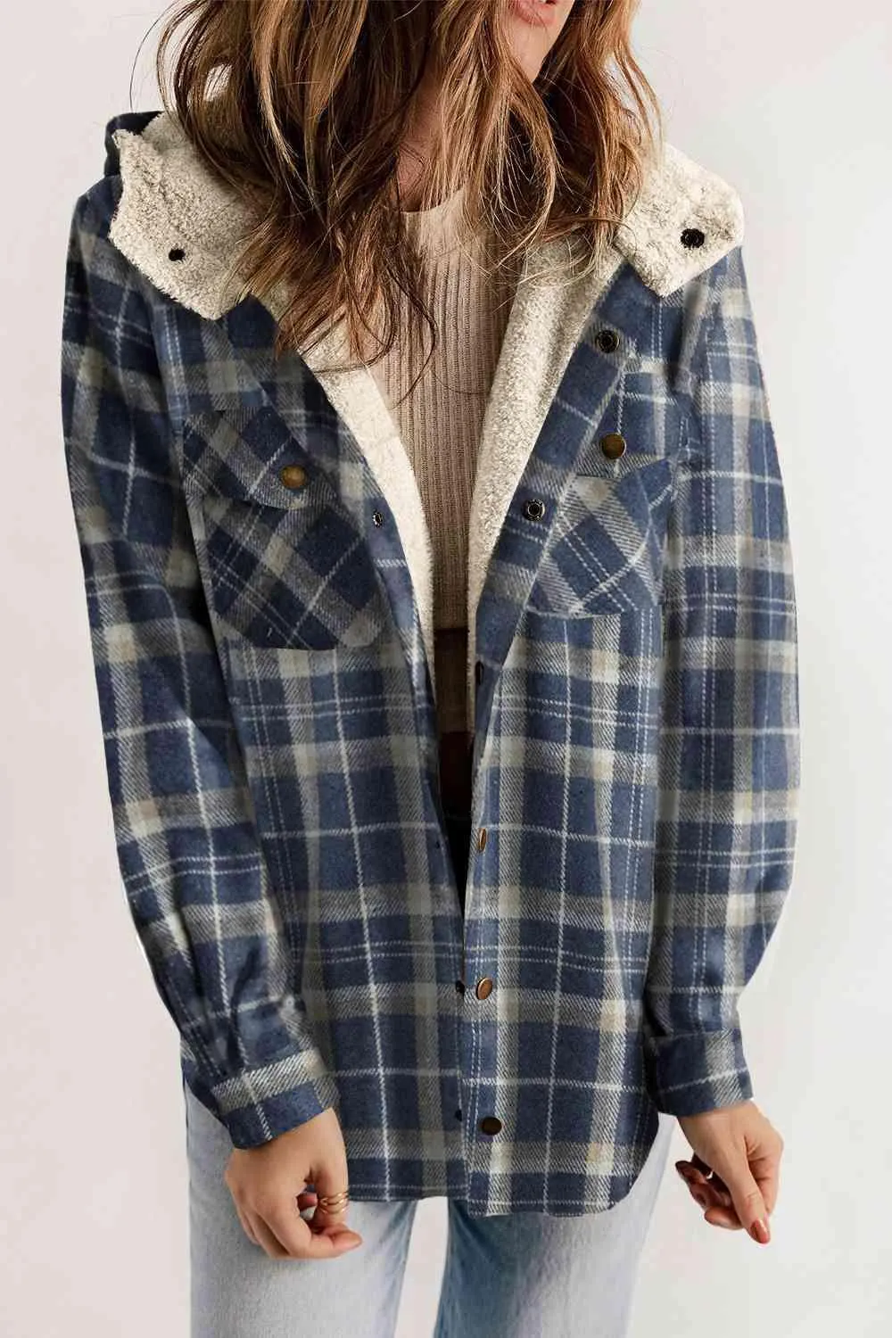 Kayla Plaid Snap Down Hooded Jacket