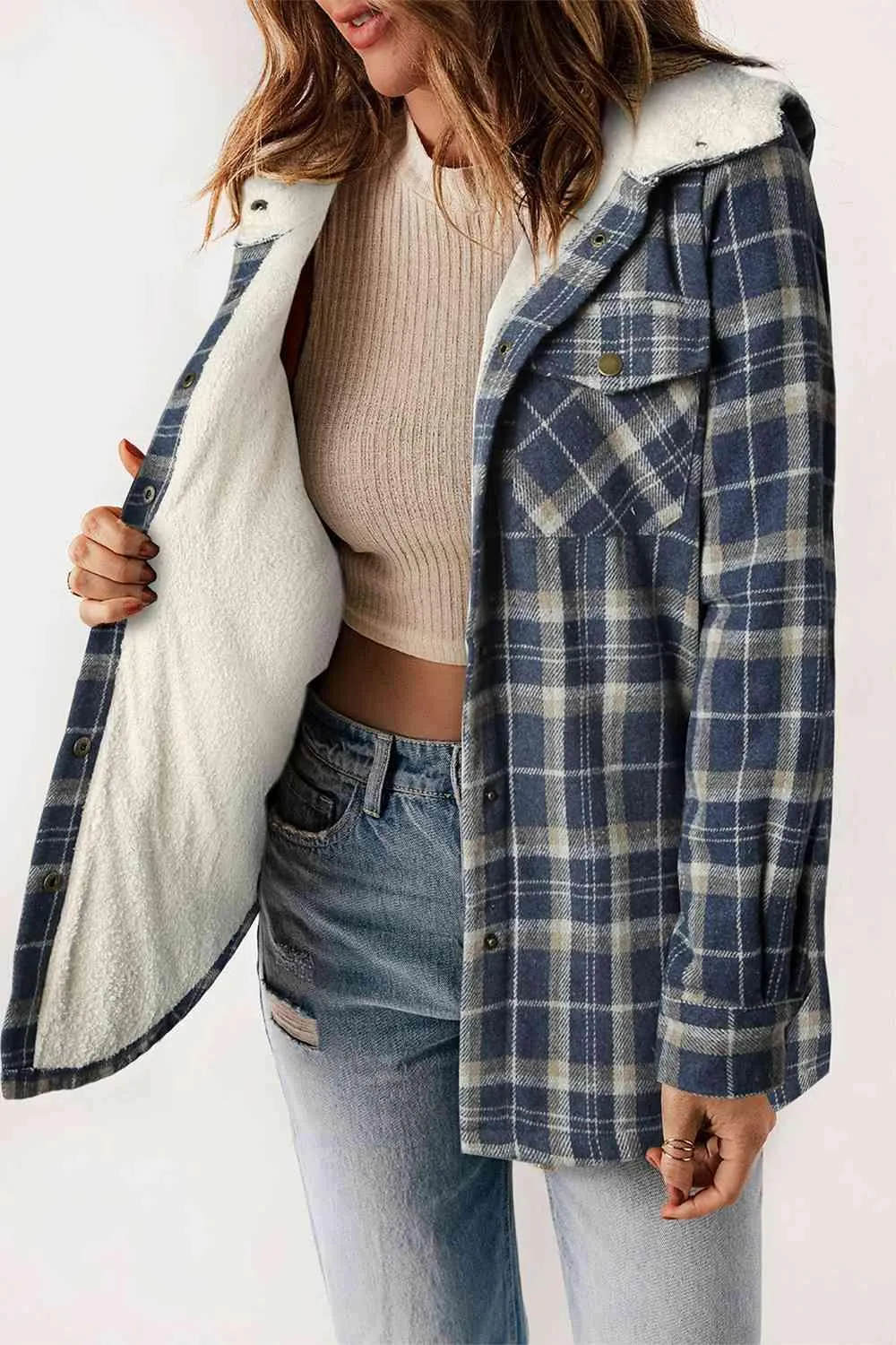 Kayla Plaid Snap Down Hooded Jacket