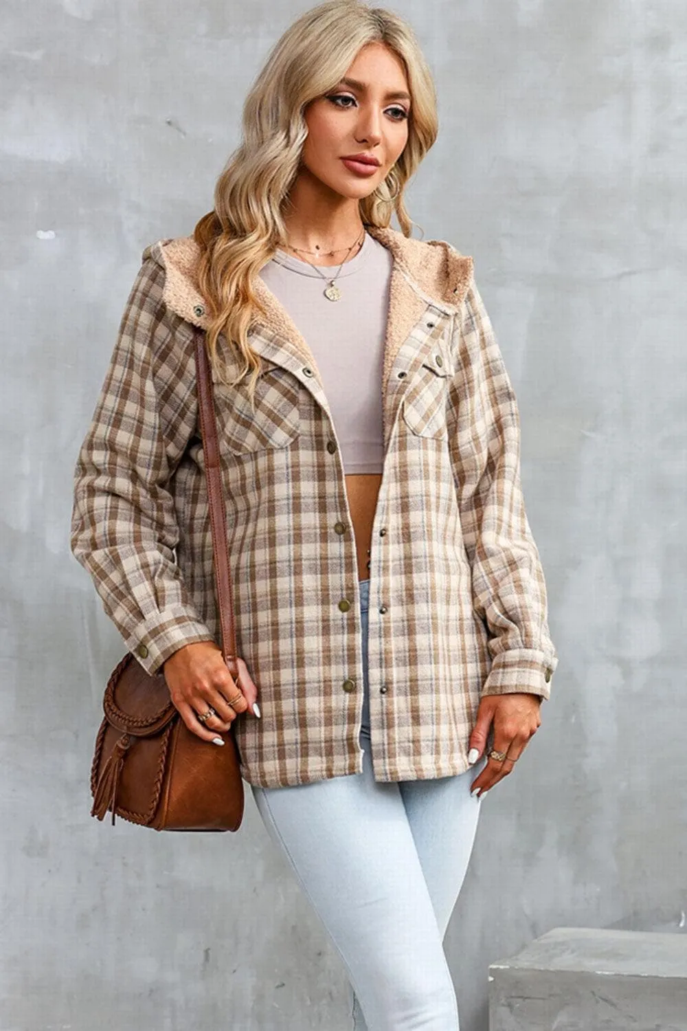 Kayla Plaid Snap Down Hooded Jacket