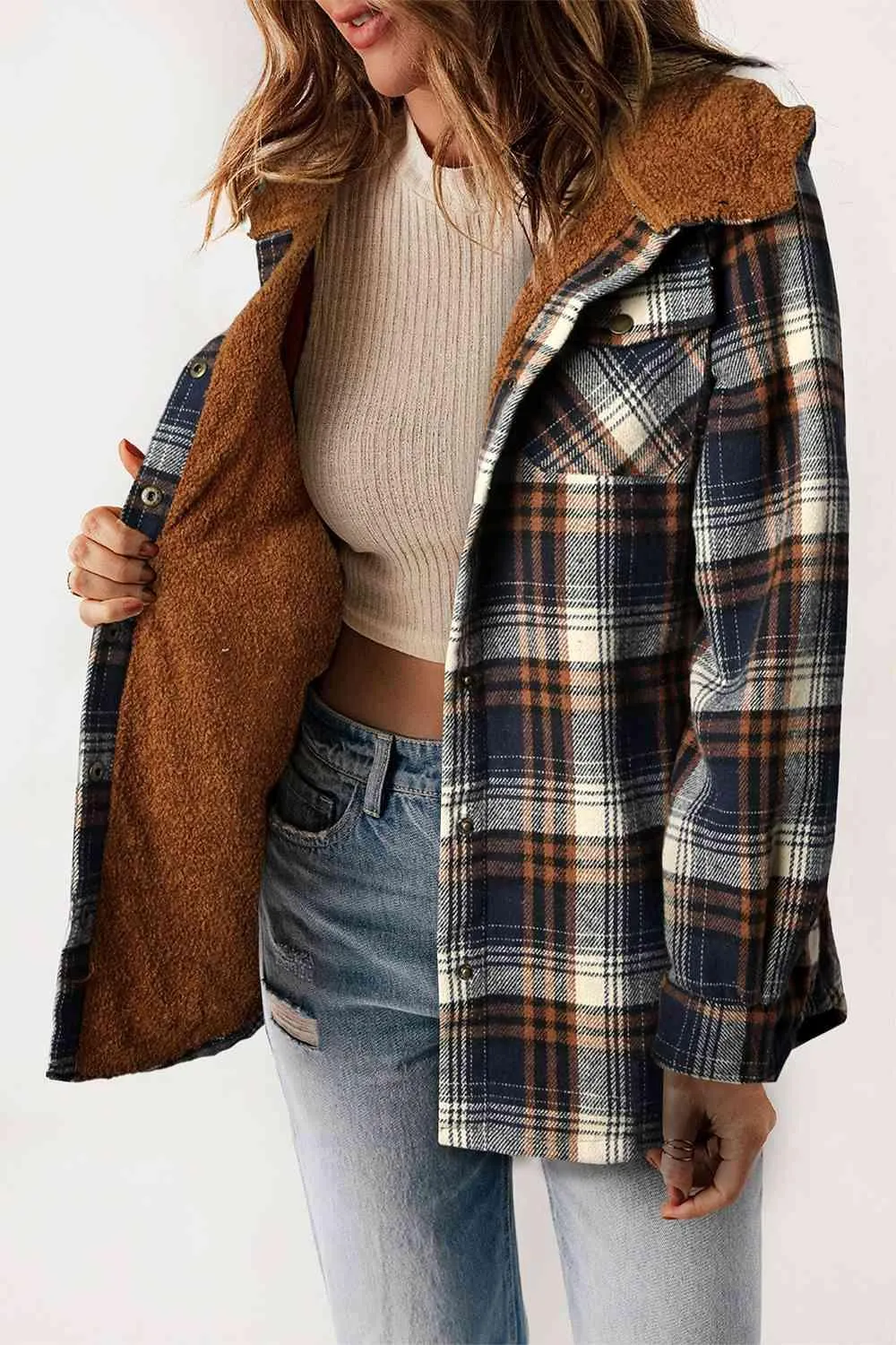 Kayla Plaid Snap Down Hooded Jacket