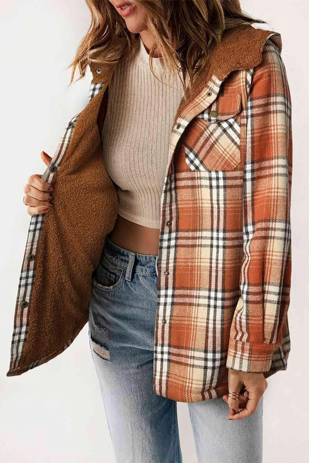 Kayla Plaid Snap Down Hooded Jacket