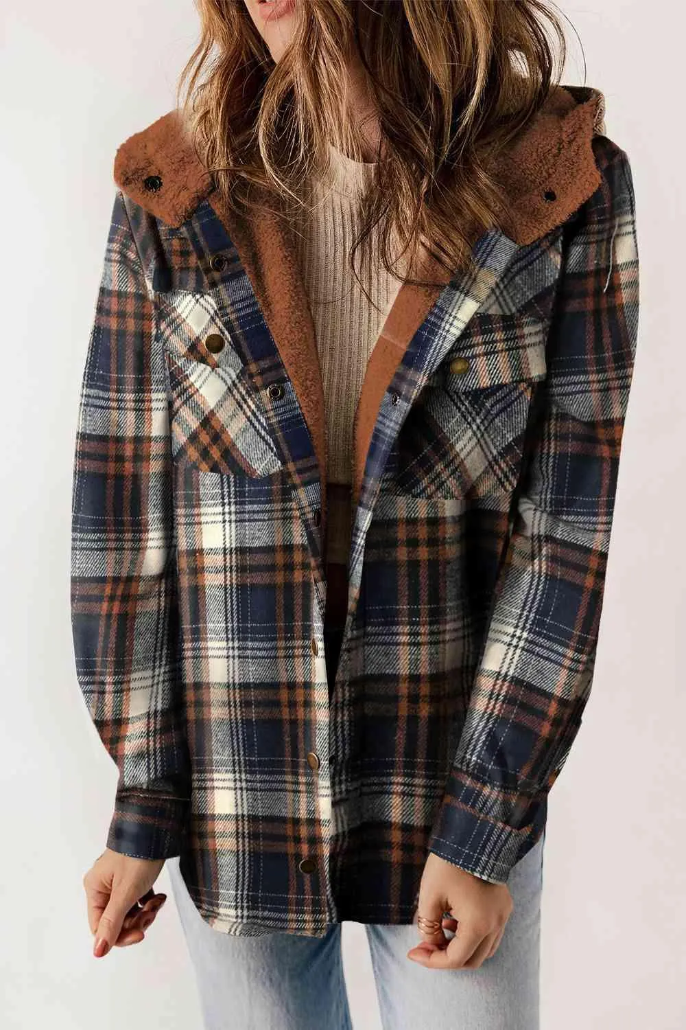 Kayla Plaid Snap Down Hooded Jacket
