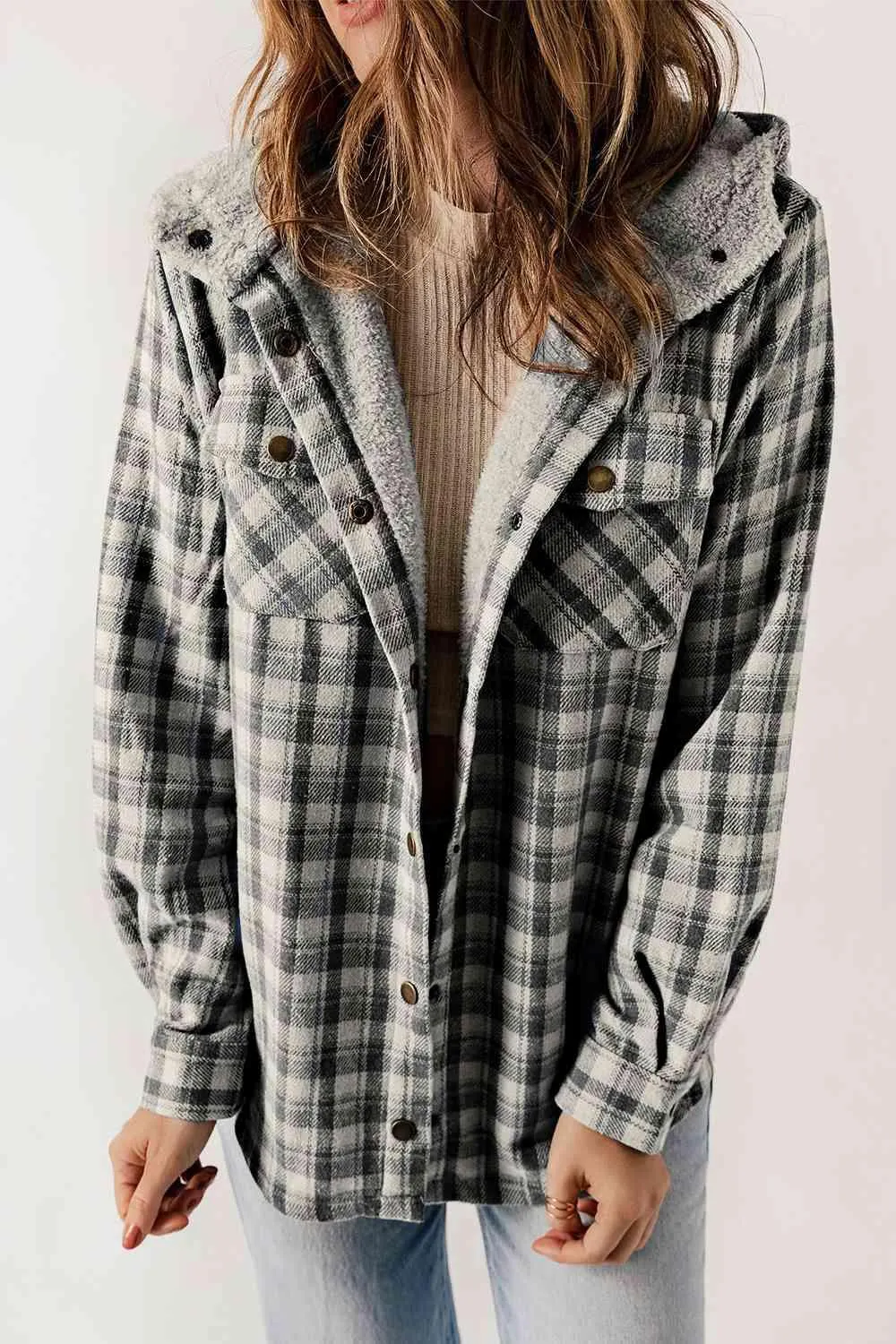 Kayla Plaid Snap Down Hooded Jacket