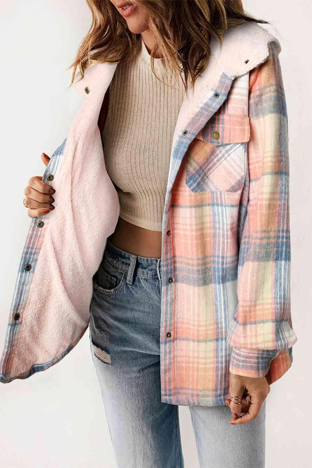 Kayla Plaid Snap Down Hooded Jacket