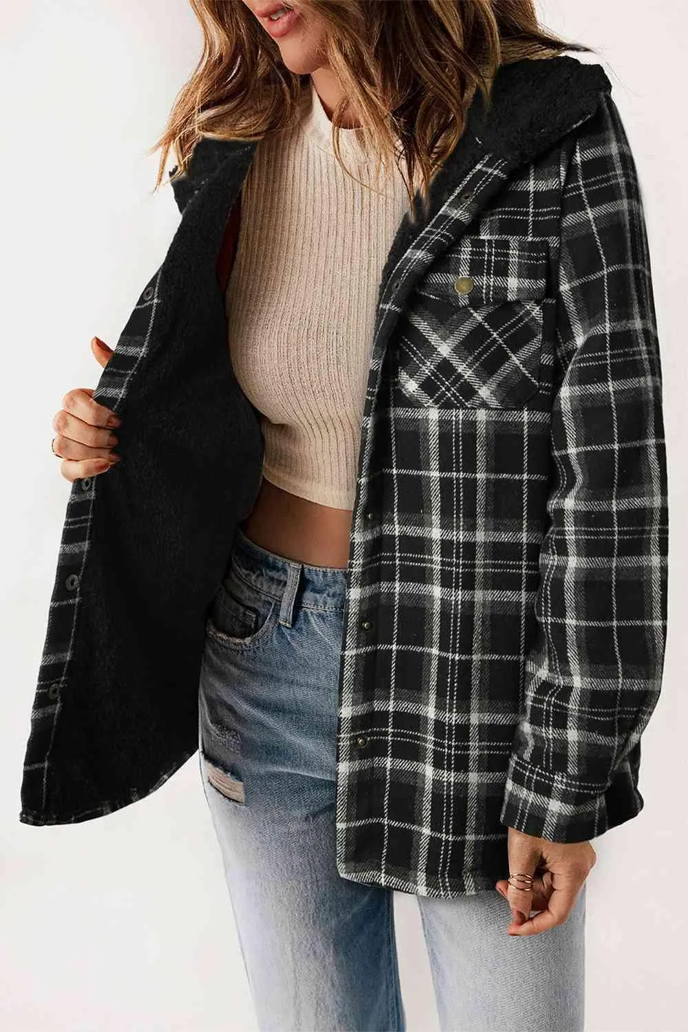 Kayla Plaid Snap Down Hooded Jacket