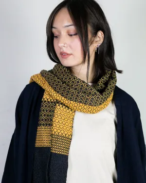 Kobo Oriza Scarf, Multi-Pattern Weave, Dark Grey with Mustard Yellow Accents