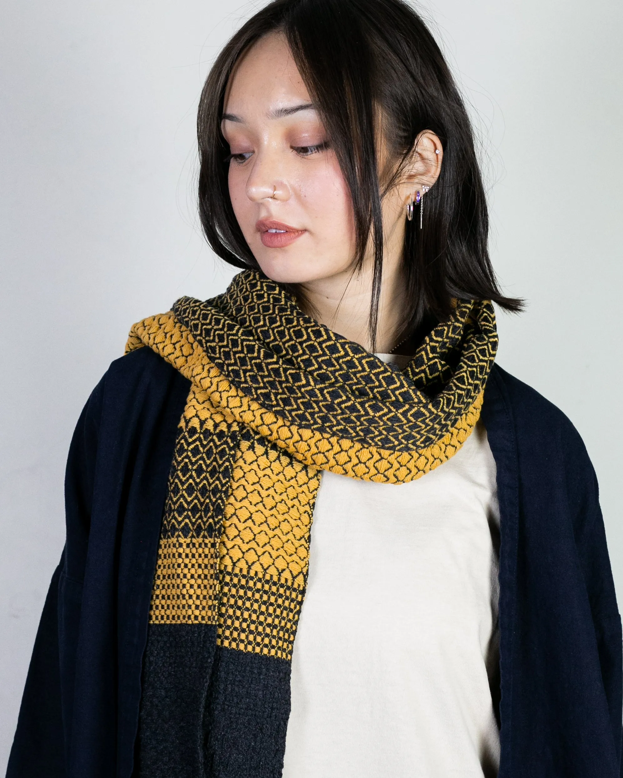 Kobo Oriza Scarf, Multi-Pattern Weave, Dark Grey with Mustard Yellow Accents