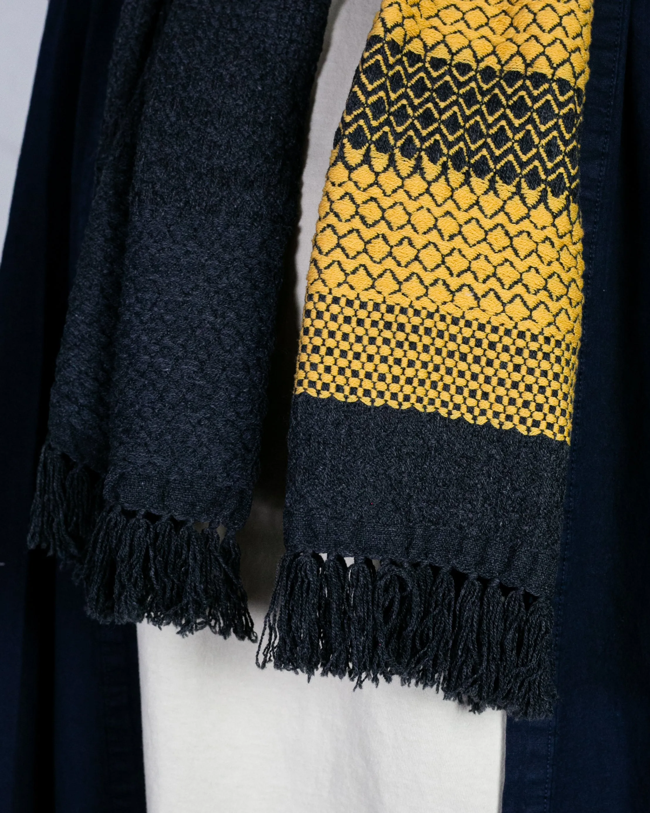 Kobo Oriza Scarf, Multi-Pattern Weave, Dark Grey with Mustard Yellow Accents