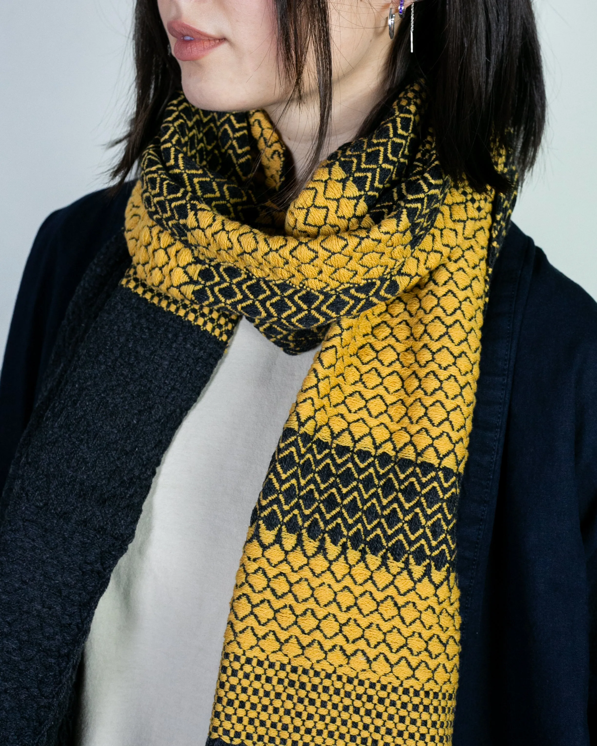 Kobo Oriza Scarf, Multi-Pattern Weave, Dark Grey with Mustard Yellow Accents