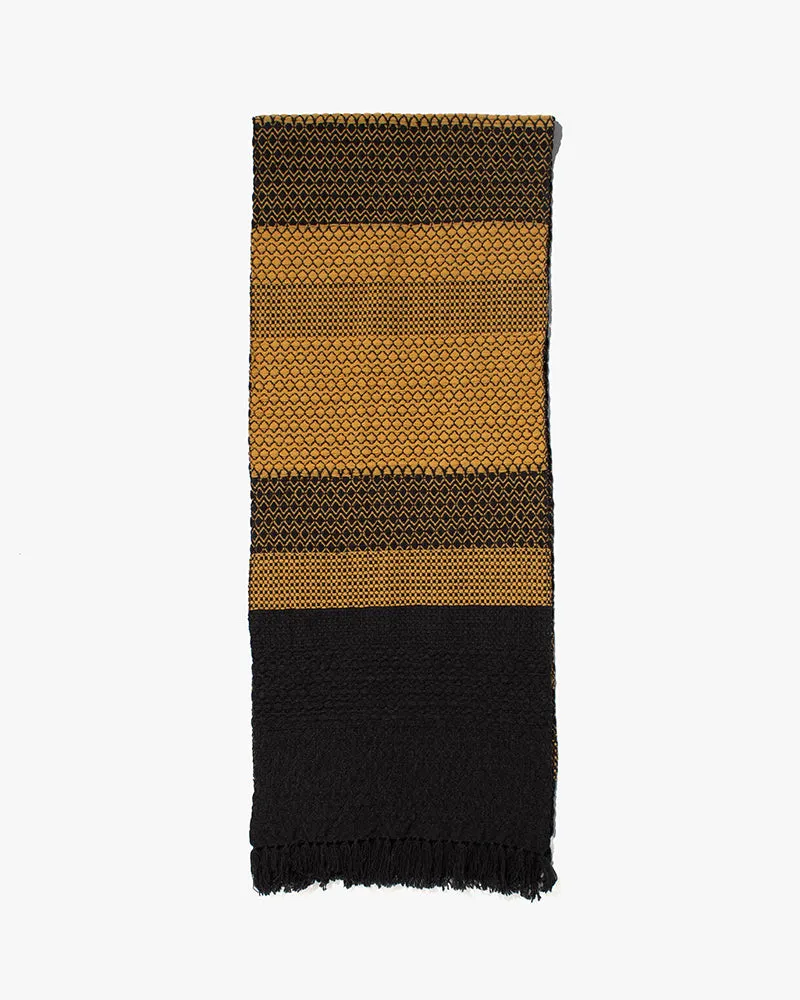 Kobo Oriza Scarf, Multi-Pattern Weave, Dark Grey with Mustard Yellow Accents