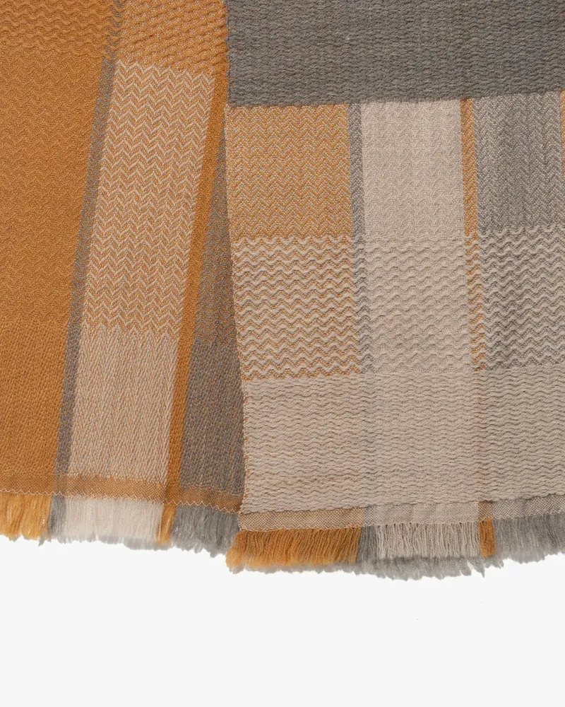 Kobo Oriza Scarf, Multi-Pattern Weave, Mustard Yellow and Grey with White Accents