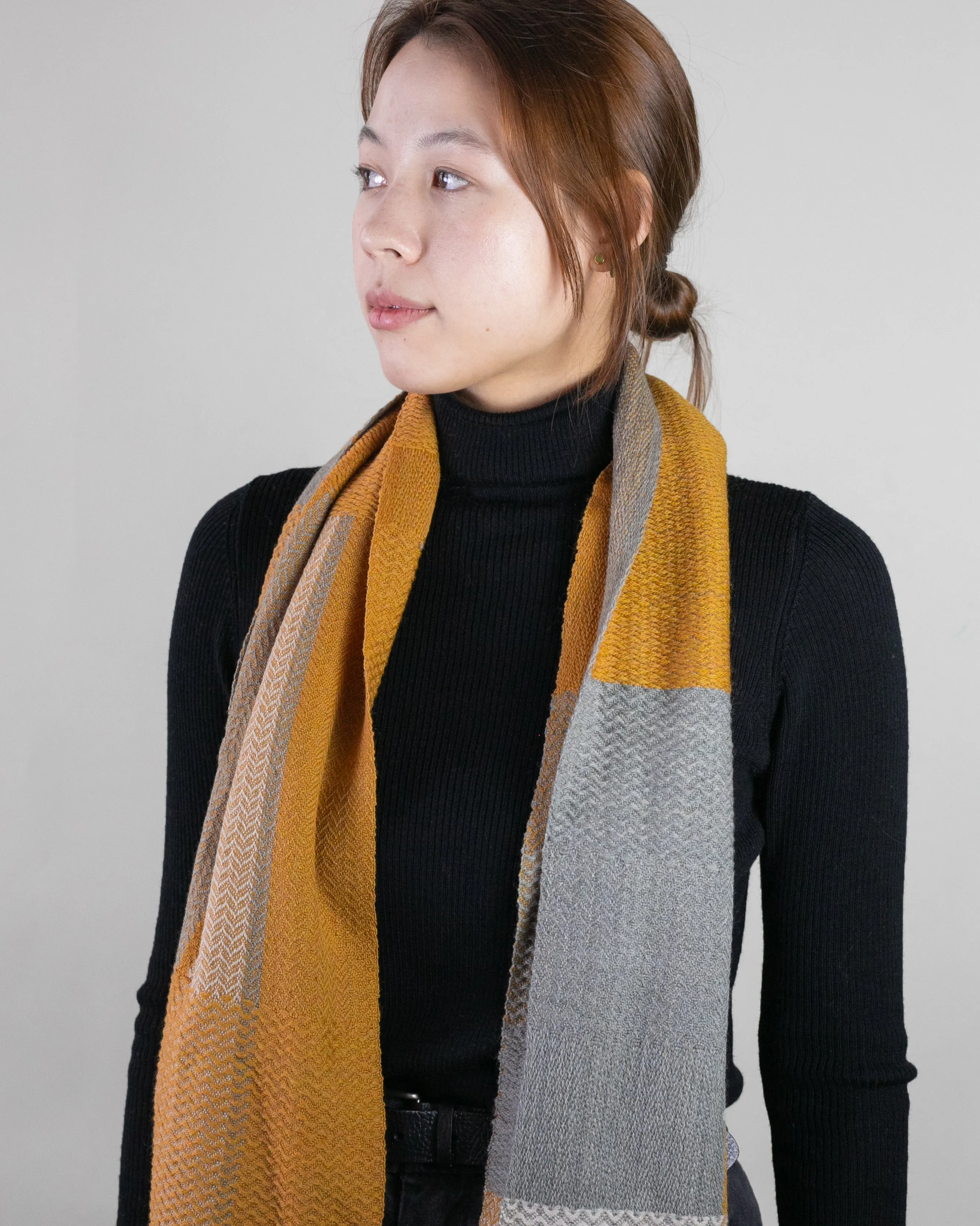 Kobo Oriza Scarf, Multi-Pattern Weave, Mustard Yellow and Grey with White Accents