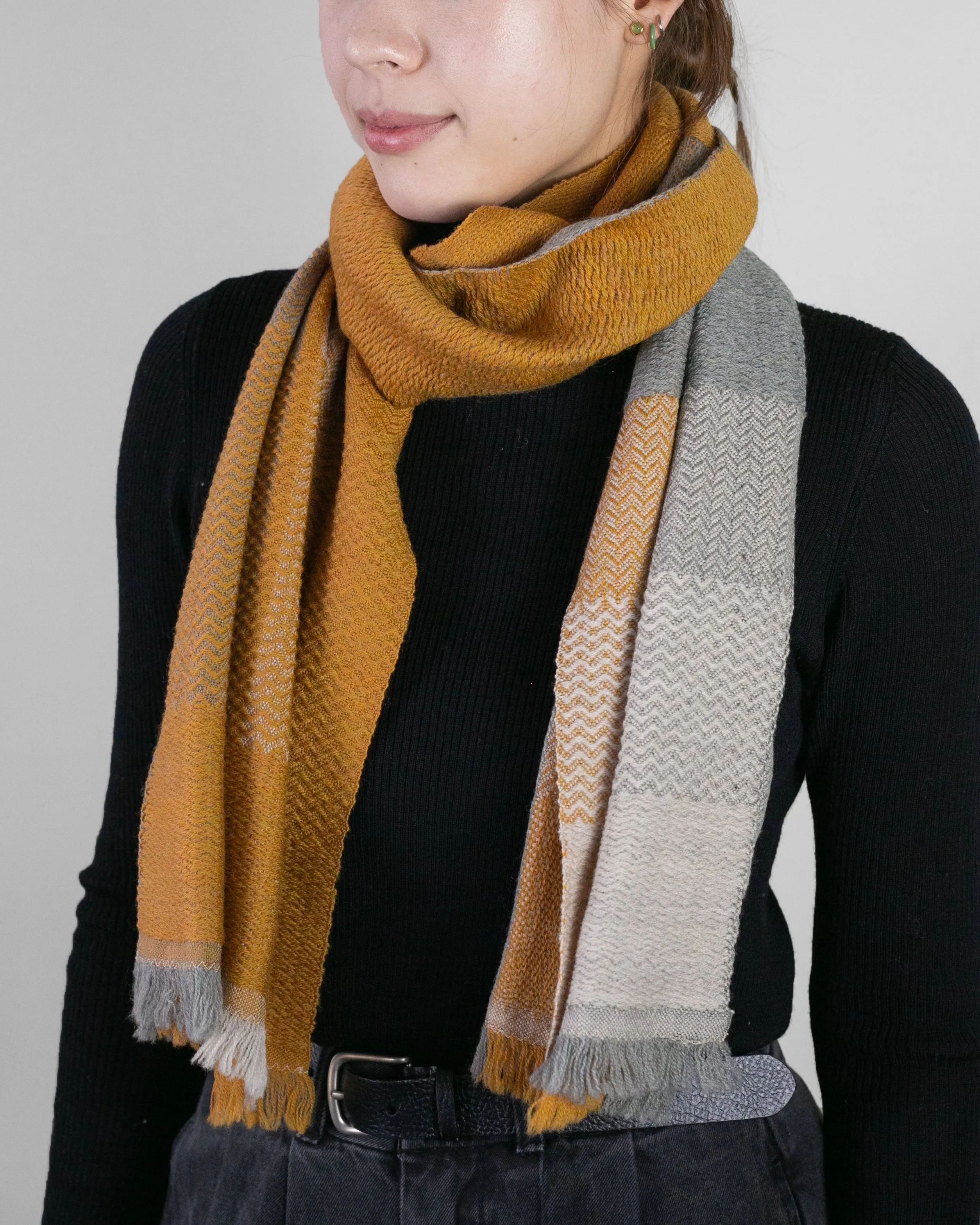 Kobo Oriza Scarf, Multi-Pattern Weave, Mustard Yellow and Grey with White Accents