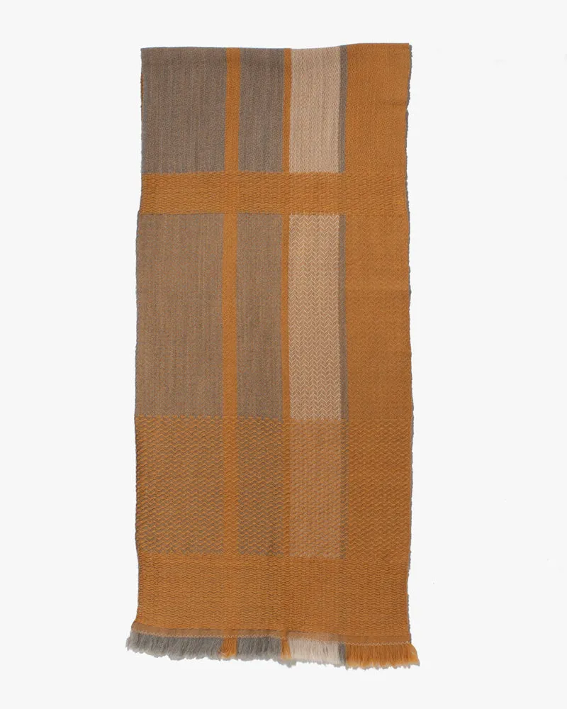 Kobo Oriza Scarf, Multi-Pattern Weave, Mustard Yellow and Grey with White Accents