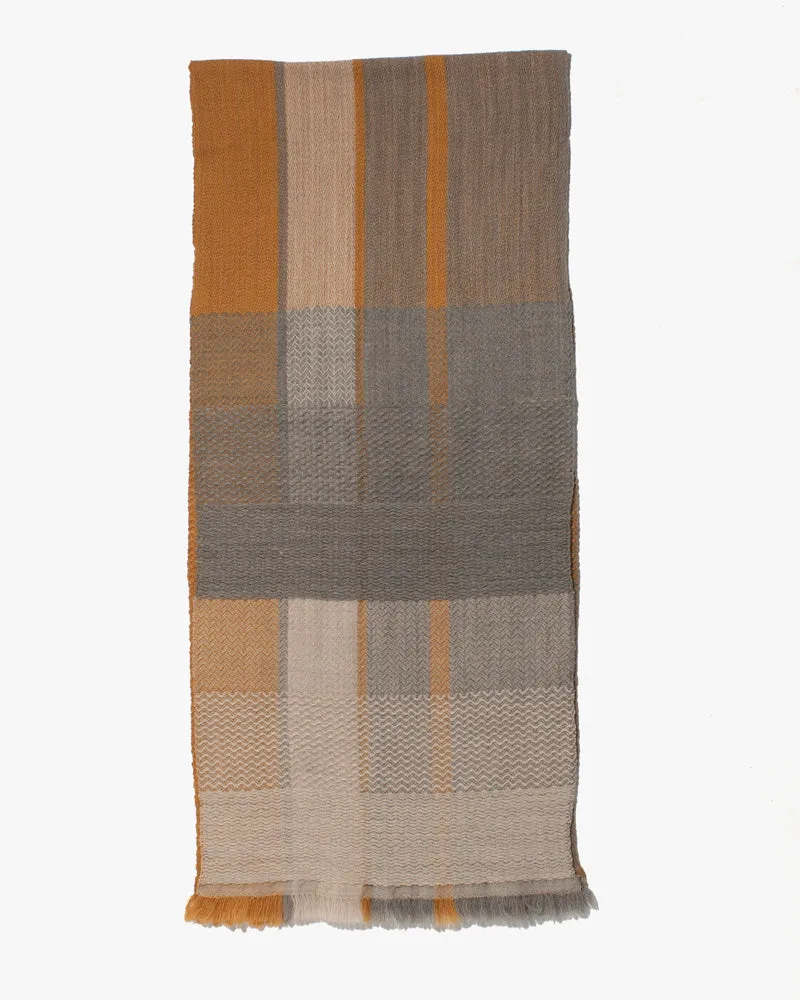 Kobo Oriza Scarf, Multi-Pattern Weave, Mustard Yellow and Grey with White Accents