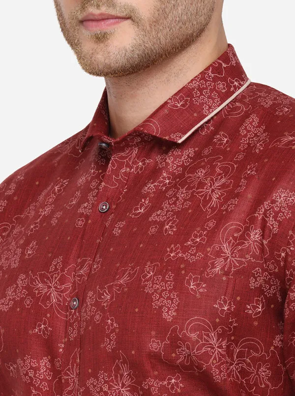 Maroon & Cream Printed Slim Fit Party Wear Shirt | Greenfibre