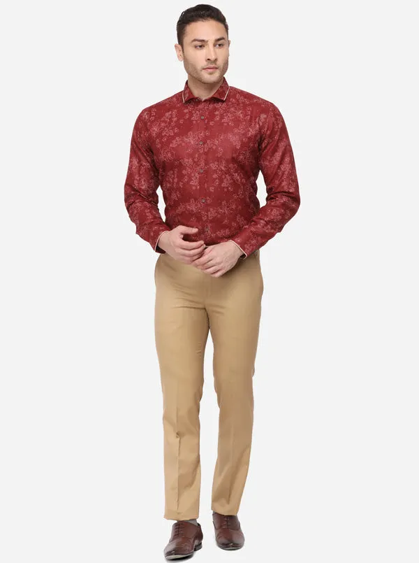 Maroon & Cream Printed Slim Fit Party Wear Shirt | Greenfibre