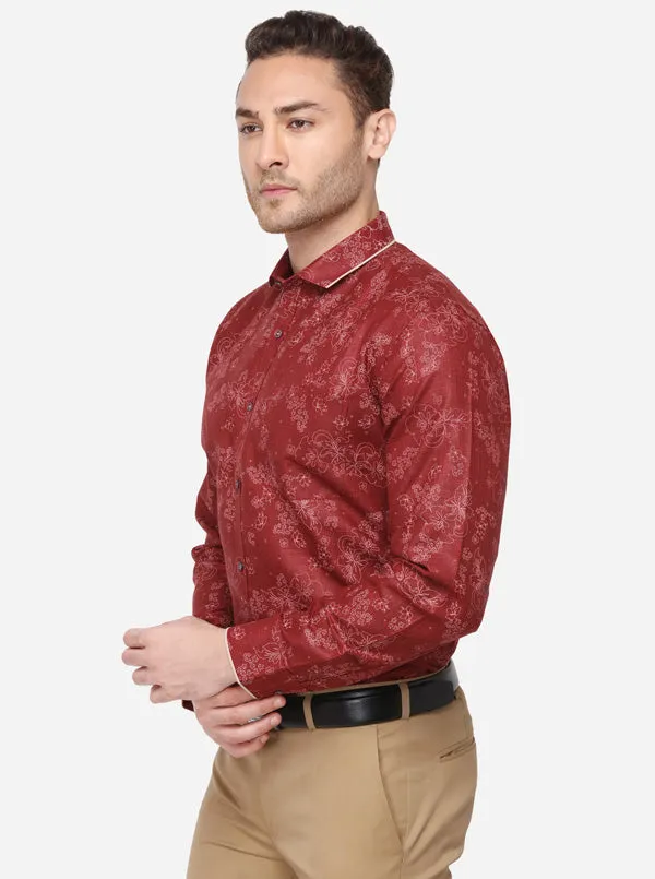 Maroon & Cream Printed Slim Fit Party Wear Shirt | Greenfibre