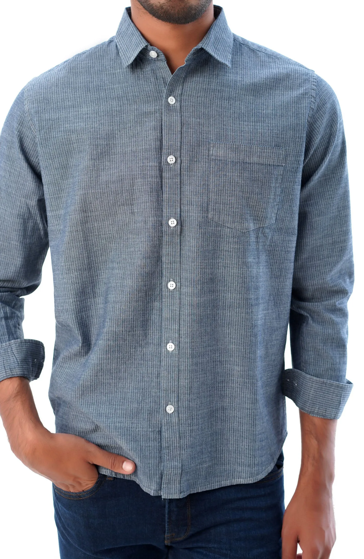 Medium Blue Pin Stripes Denim Shirt