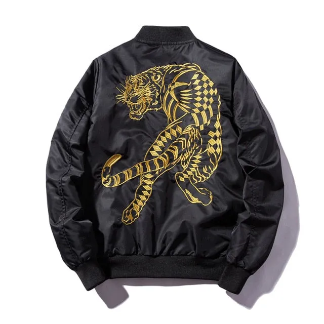 Men Bomber Jacket Feather Embroidered Tiger Flight Jackets