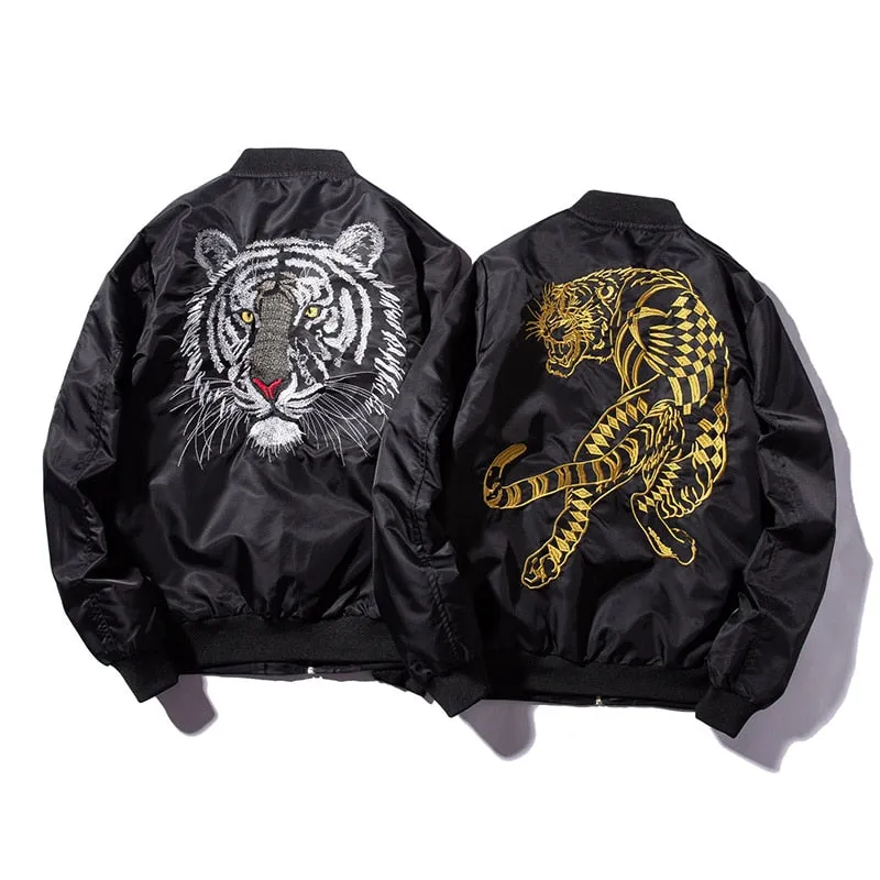 Men Bomber Jacket Feather Embroidered Tiger Flight Jackets