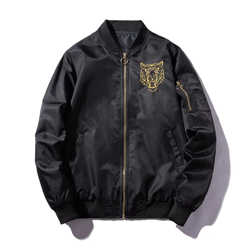 Men Bomber Jacket Feather Embroidered Tiger Flight Jackets
