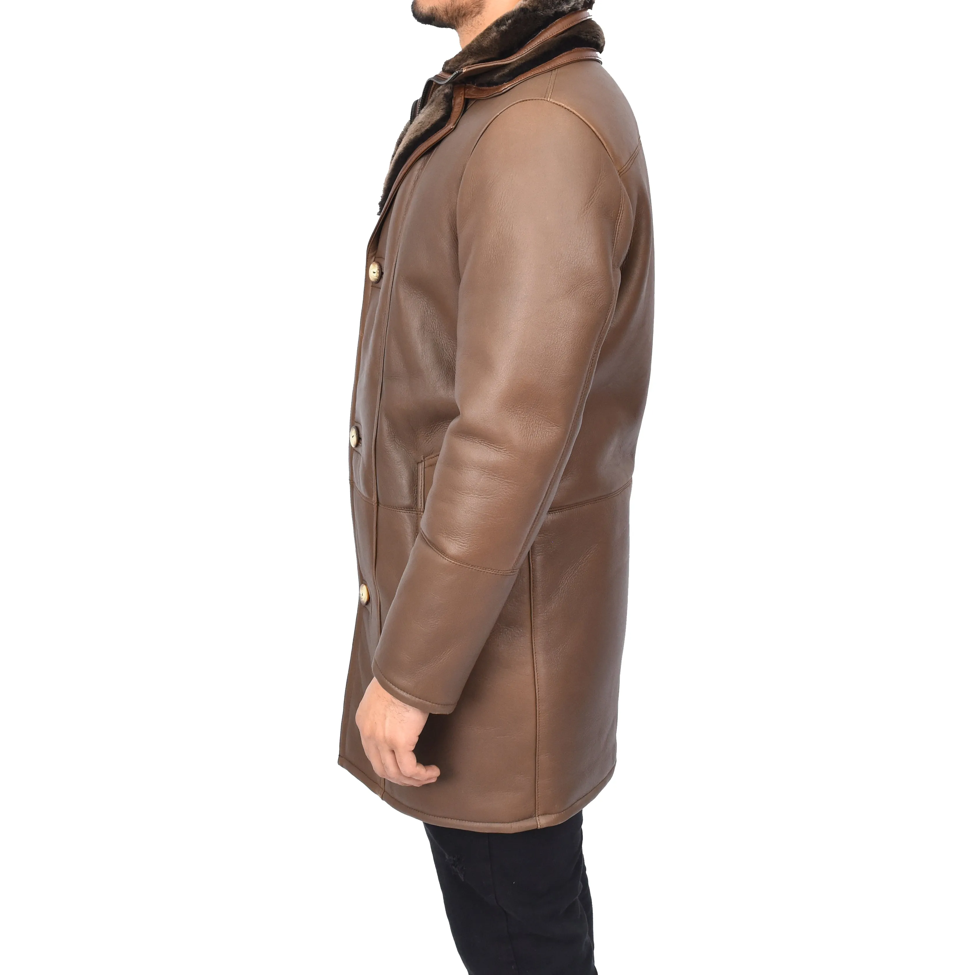 Mens Retro ¾ Length Long Real Shearling Sheepskin Coat Winter Warm Bastian Brown