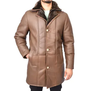 Mens Retro ¾ Length Long Real Shearling Sheepskin Coat Winter Warm Bastian Brown