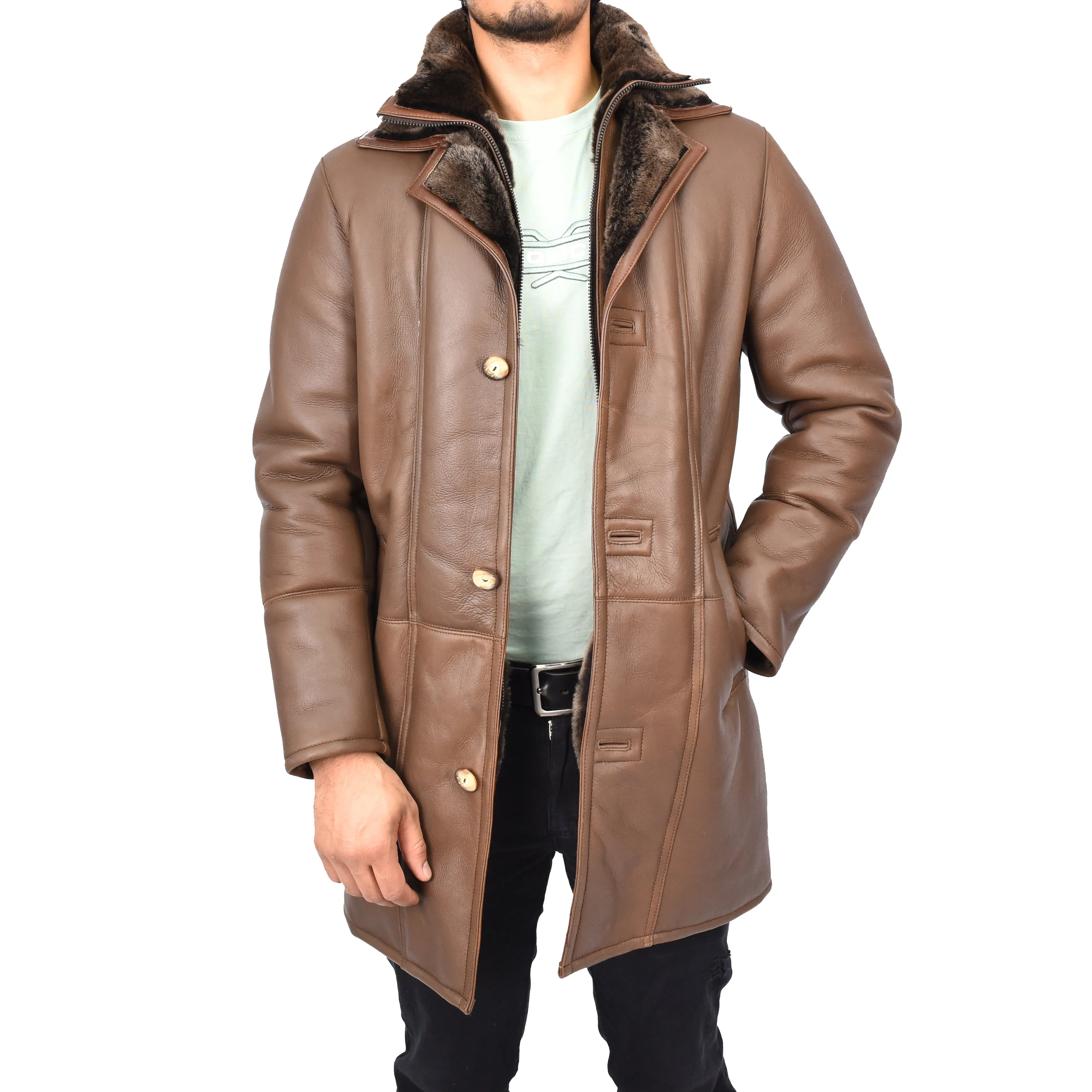 Mens Retro ¾ Length Long Real Shearling Sheepskin Coat Winter Warm Bastian Brown