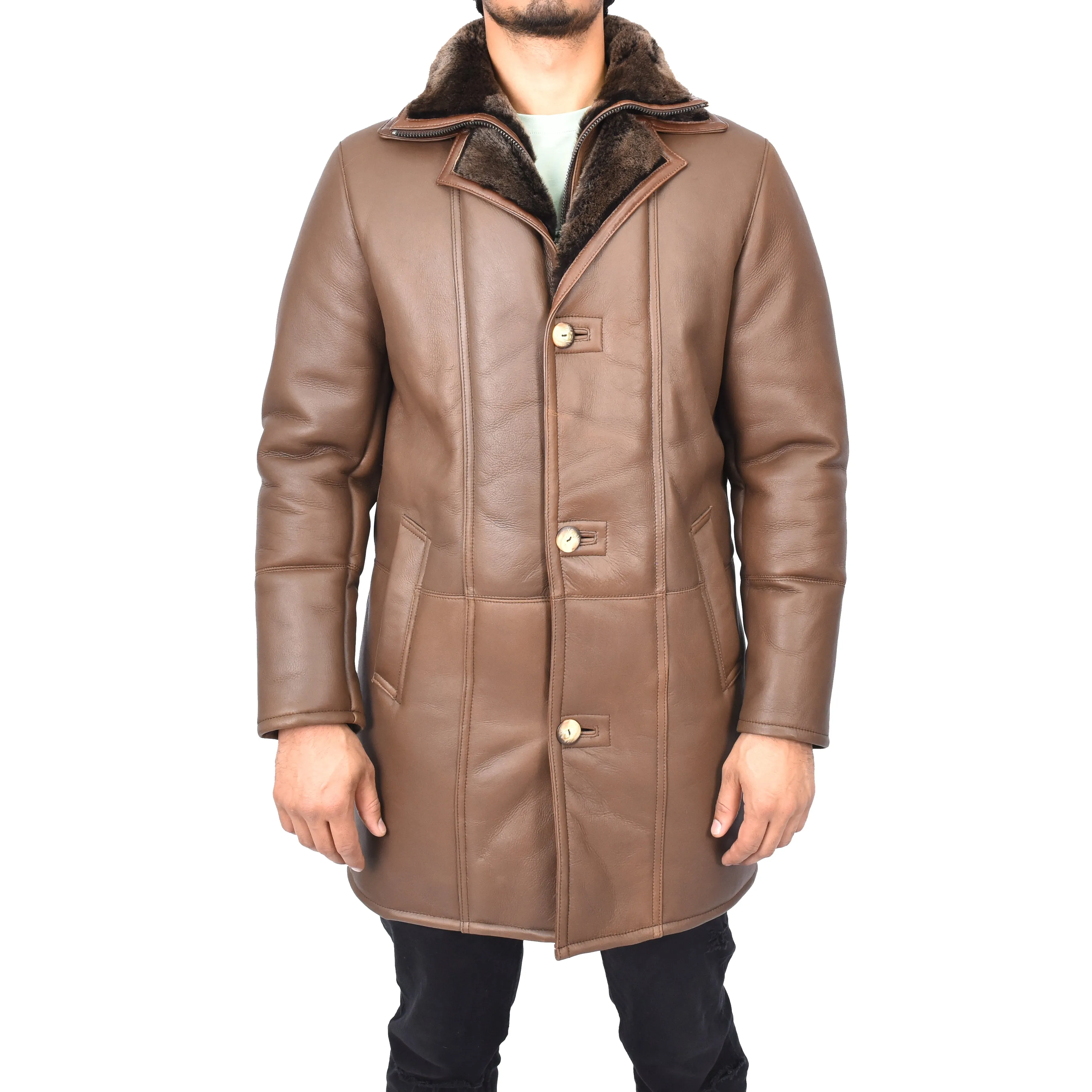Mens Retro ¾ Length Long Real Shearling Sheepskin Coat Winter Warm Bastian Brown