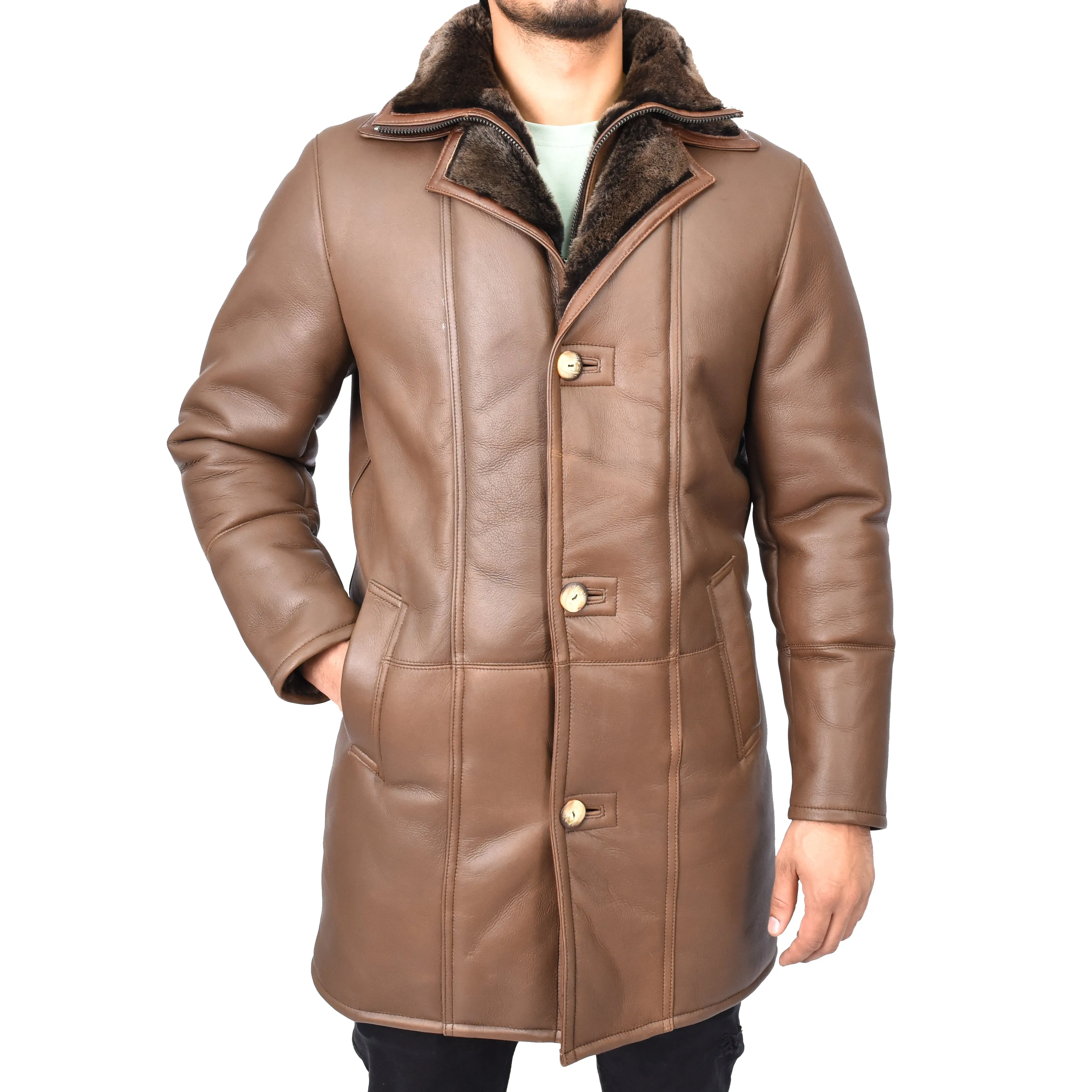 Mens Retro ¾ Length Long Real Shearling Sheepskin Coat Winter Warm Bastian Brown