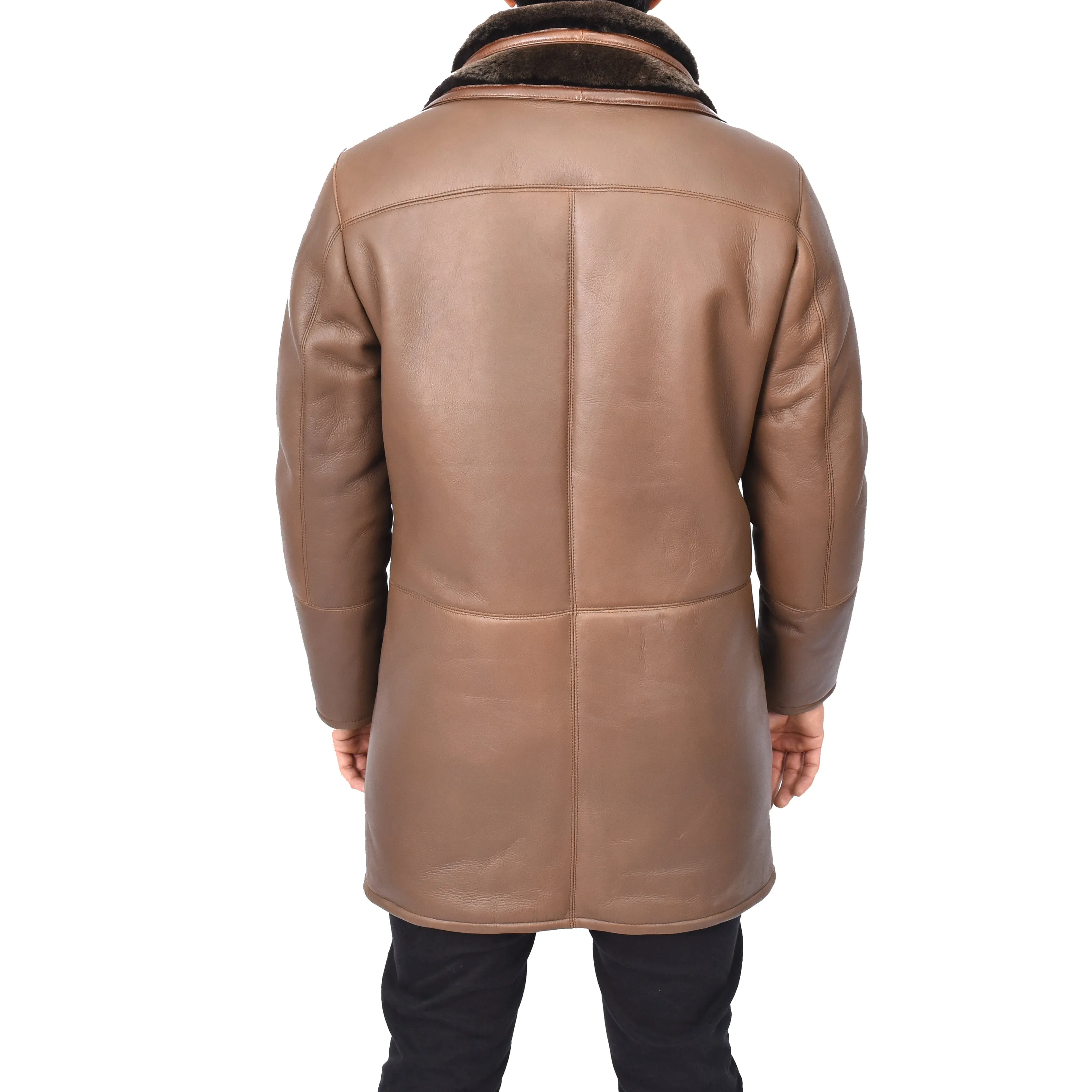 Mens Retro ¾ Length Long Real Shearling Sheepskin Coat Winter Warm Bastian Brown