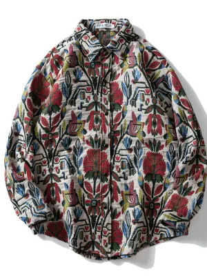 Mens Womens Western Casual Flowers Jacquard Long Sleeve Shirt Coats