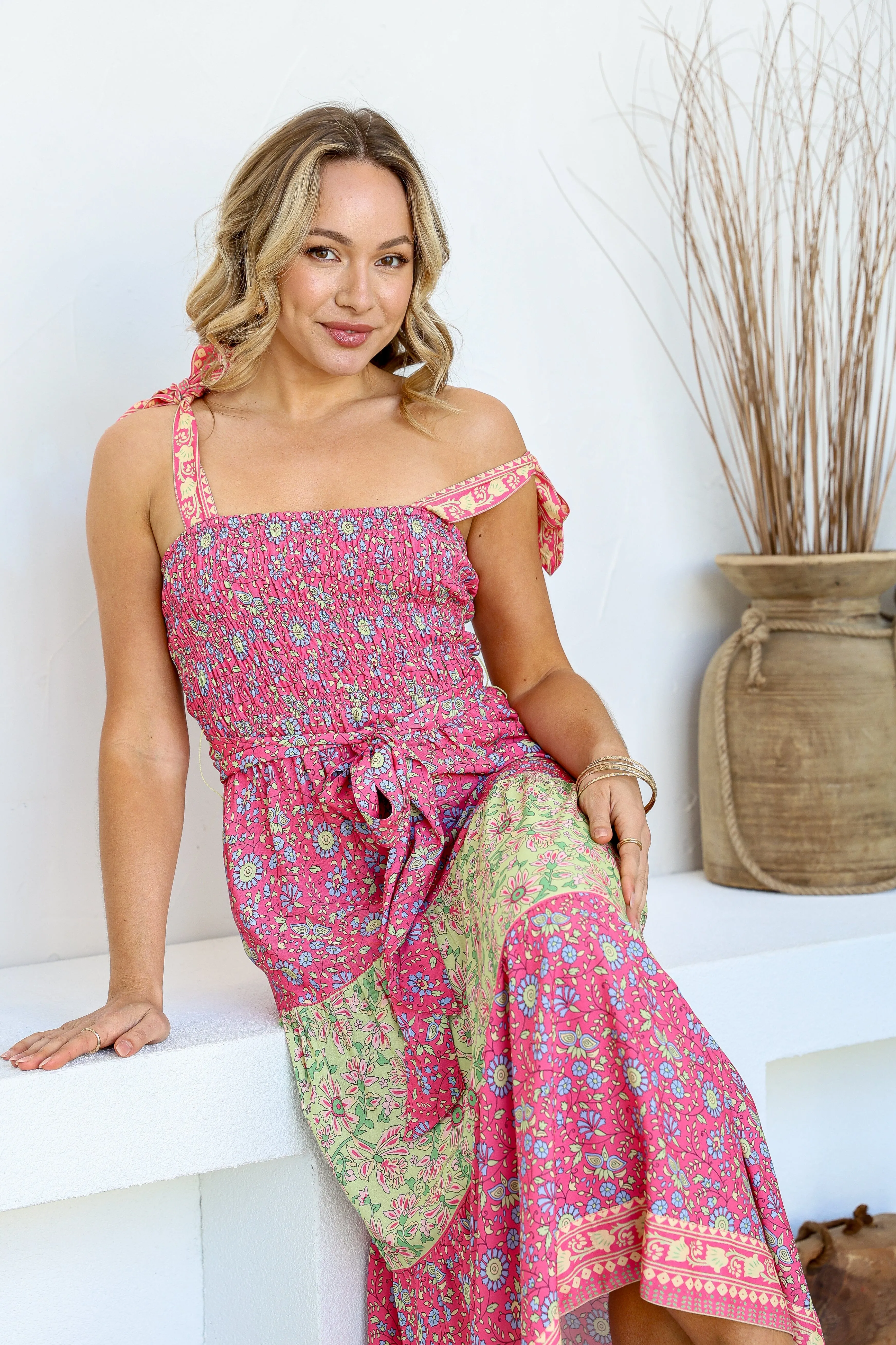 Parisian Tie Shoulder Maxi Dress - Soft Green/Pink