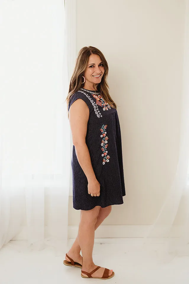 Striped Embroidered Mini Dress
