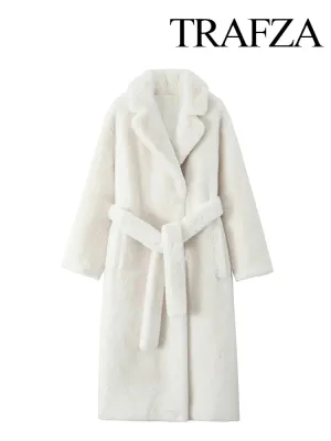 TRAFZA Winter Mode Frauen Warme Mantel Weiß Drehen-unten Kragen Langarm Taschen Gürtel Dekoration Weibliche High Street Lange mäntel