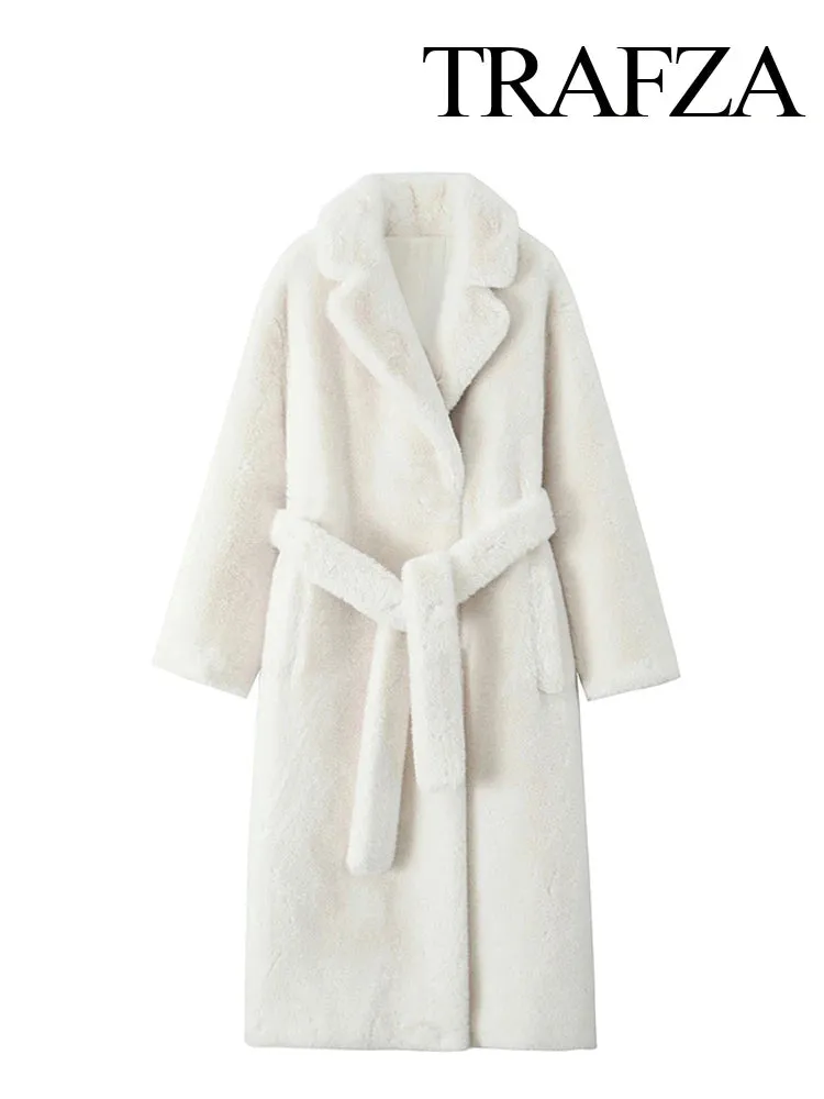TRAFZA Winter Mode Frauen Warme Mantel Weiß Drehen-unten Kragen Langarm Taschen Gürtel Dekoration Weibliche High Street Lange mäntel