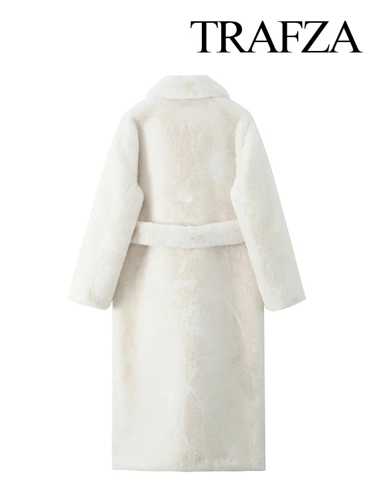 TRAFZA Winter Mode Frauen Warme Mantel Weiß Drehen-unten Kragen Langarm Taschen Gürtel Dekoration Weibliche High Street Lange mäntel