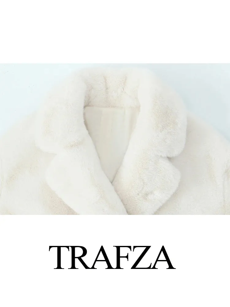 TRAFZA Winter Mode Frauen Warme Mantel Weiß Drehen-unten Kragen Langarm Taschen Gürtel Dekoration Weibliche High Street Lange mäntel