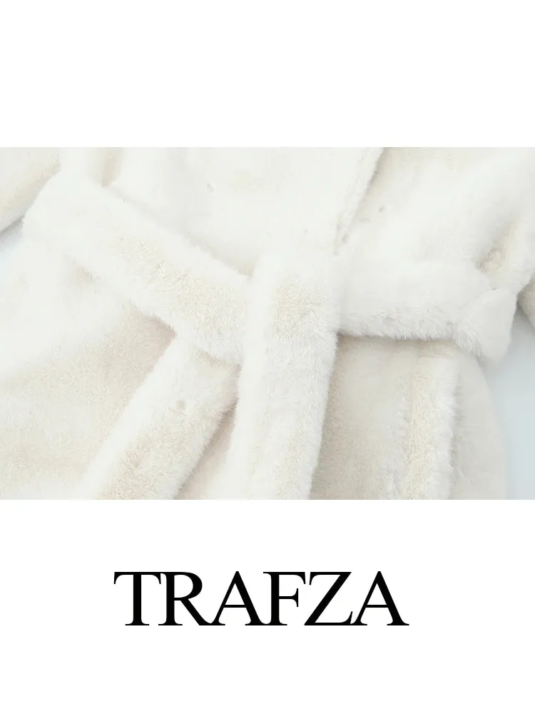 TRAFZA Winter Mode Frauen Warme Mantel Weiß Drehen-unten Kragen Langarm Taschen Gürtel Dekoration Weibliche High Street Lange mäntel