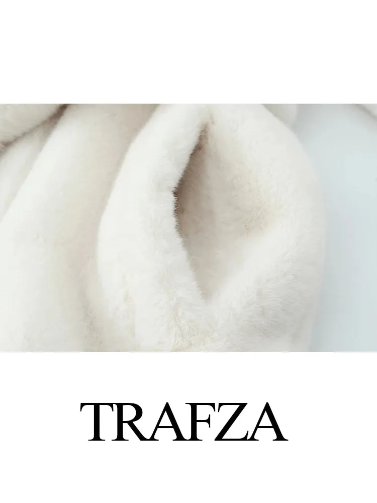 TRAFZA Winter Mode Frauen Warme Mantel Weiß Drehen-unten Kragen Langarm Taschen Gürtel Dekoration Weibliche High Street Lange mäntel